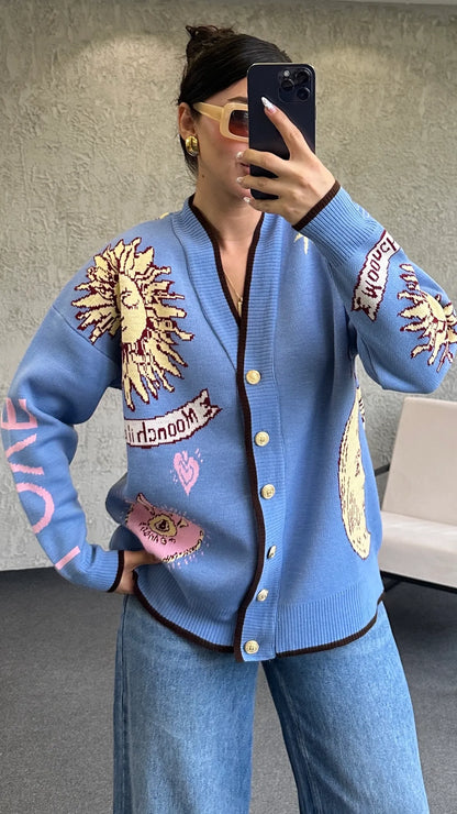 Graphic Button-Up Cardigan - blue