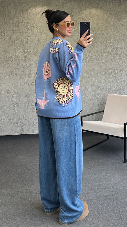 Graphic Button-Up Cardigan - blue