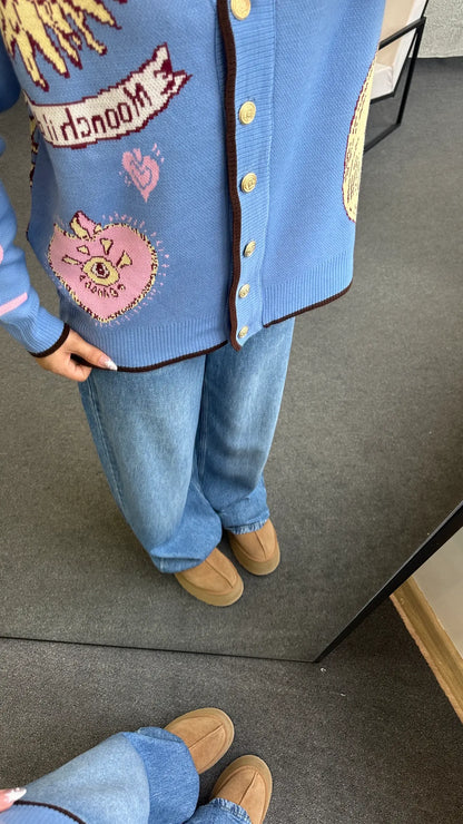 Graphic Button-Up Cardigan - blue