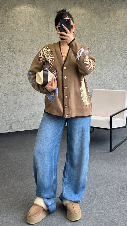 Graphic Button-Up Cardigan - Mocha brown