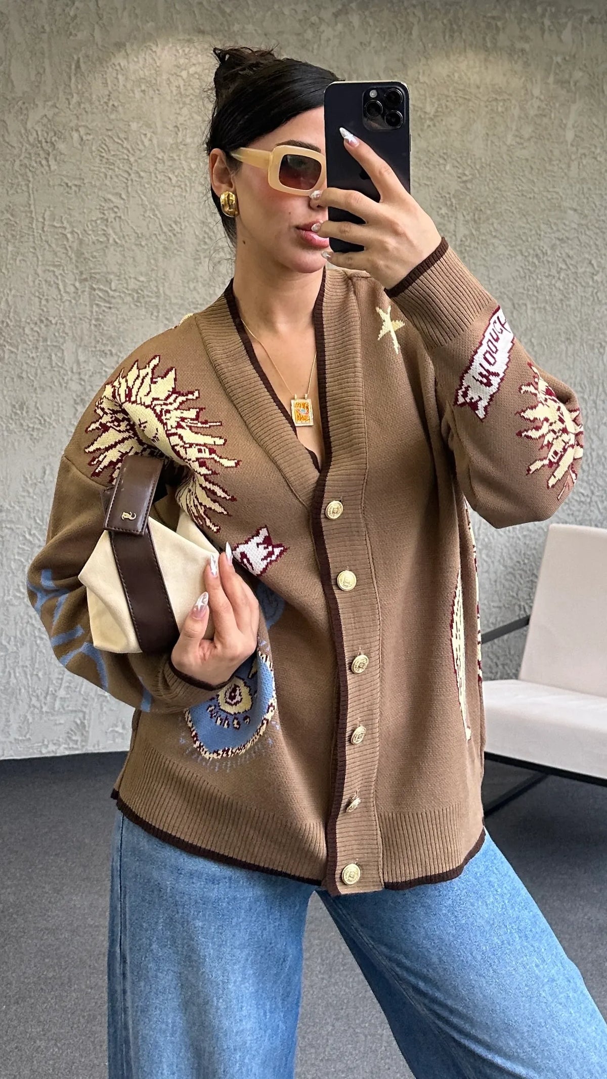 Graphic Button-Up Cardigan - Mocha brown