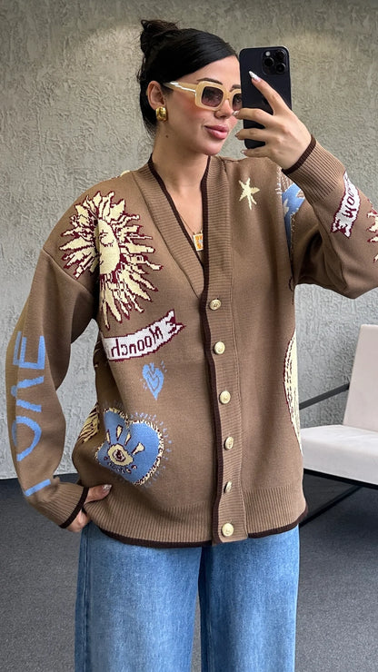 Graphic Button-Up Cardigan - Mocha brown