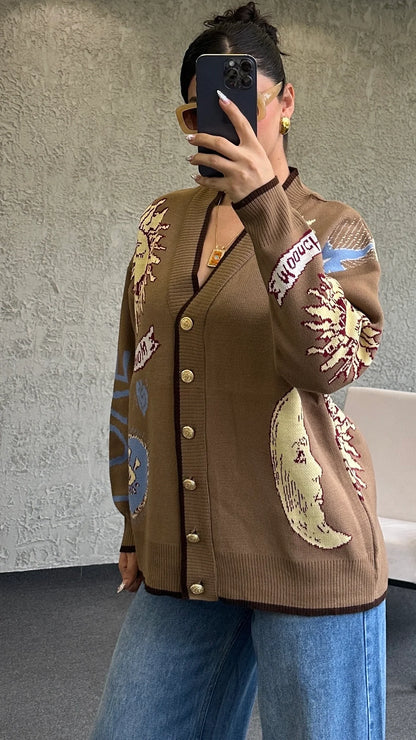 Graphic Button-Up Cardigan - Mocha brown