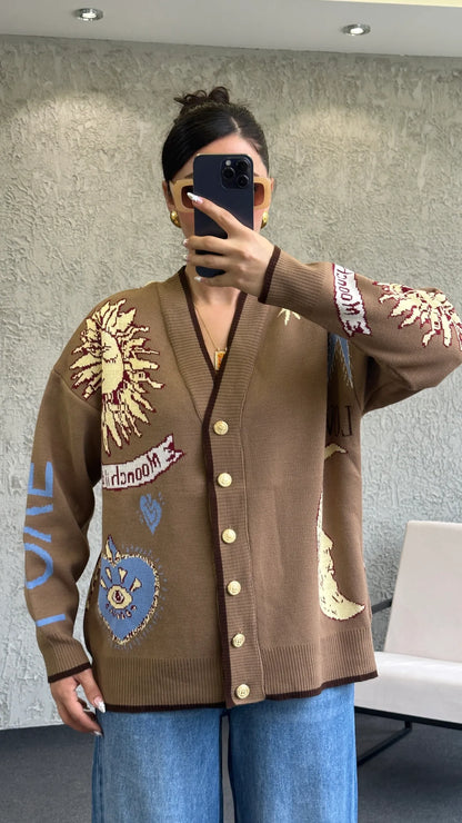 Graphic Button-Up Cardigan - Mocha brown