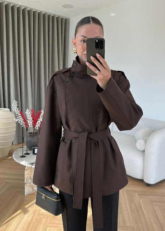 Gabardine fabric high collar Belted trenchcoat - brown