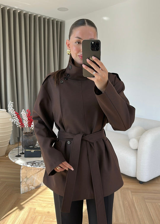 Gabardine fabric high collar Belted trenchcoat - brown