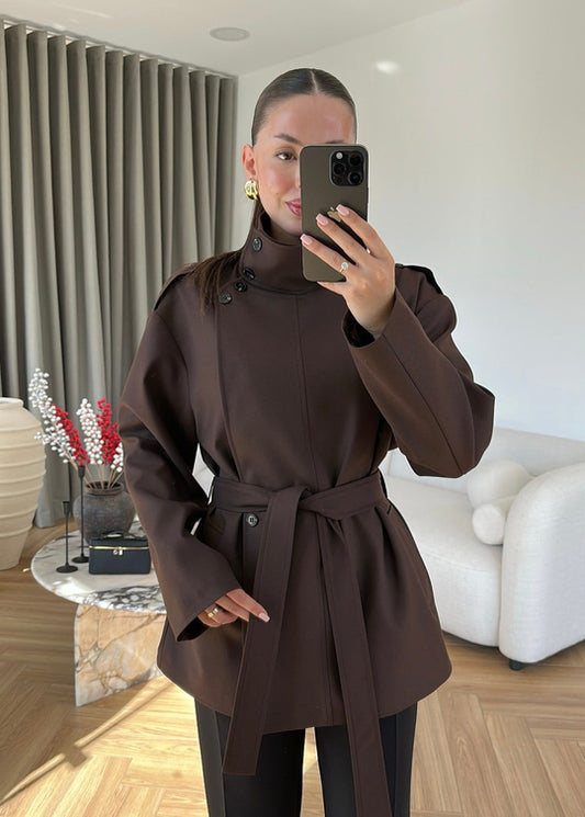 Gabardine fabric high collar Belted trenchcoat - brown