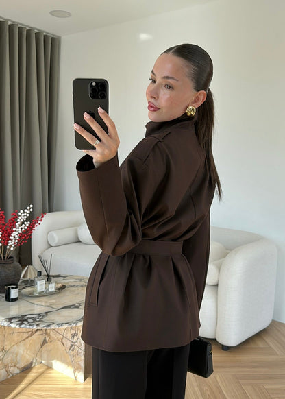 Gabardine fabric high collar Belted trenchcoat - brown