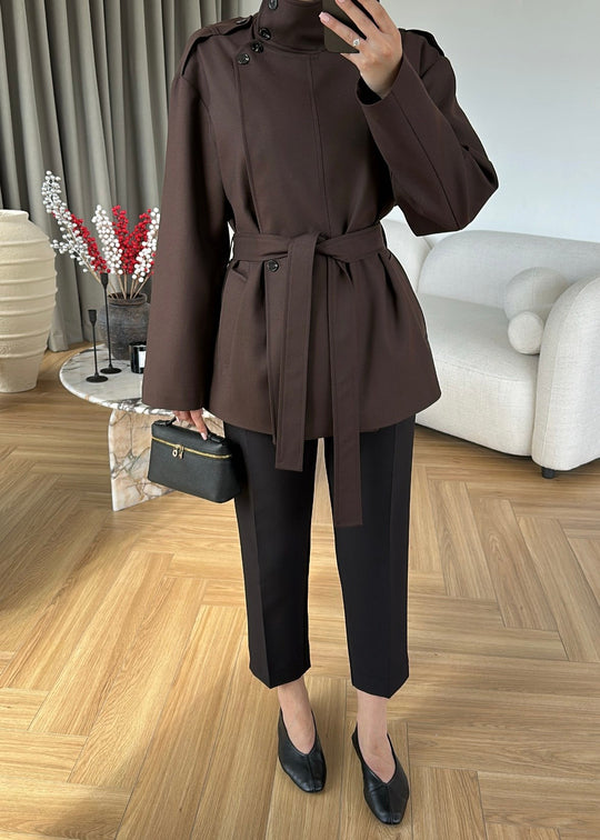 Gabardine fabric high collar Belted trenchcoat - brown