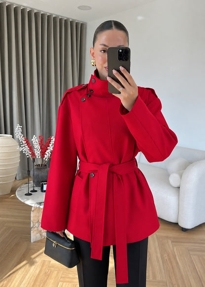 Gabardine fabric high collar Belted trenchcoat - red