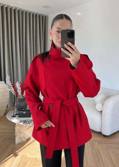 Gabardine fabric high collar Belted trenchcoat - red