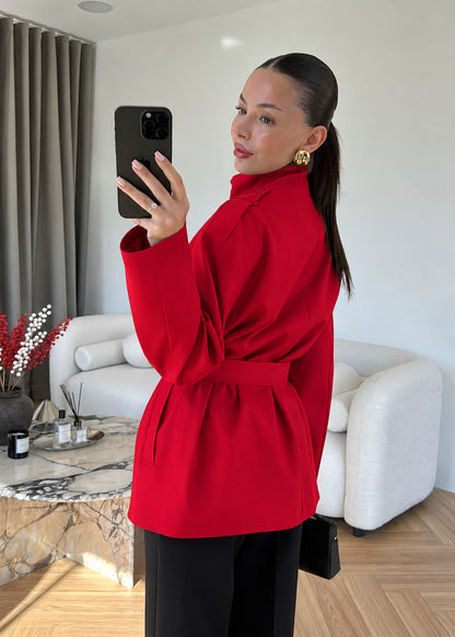 Gabardine fabric high collar Belted trenchcoat - red