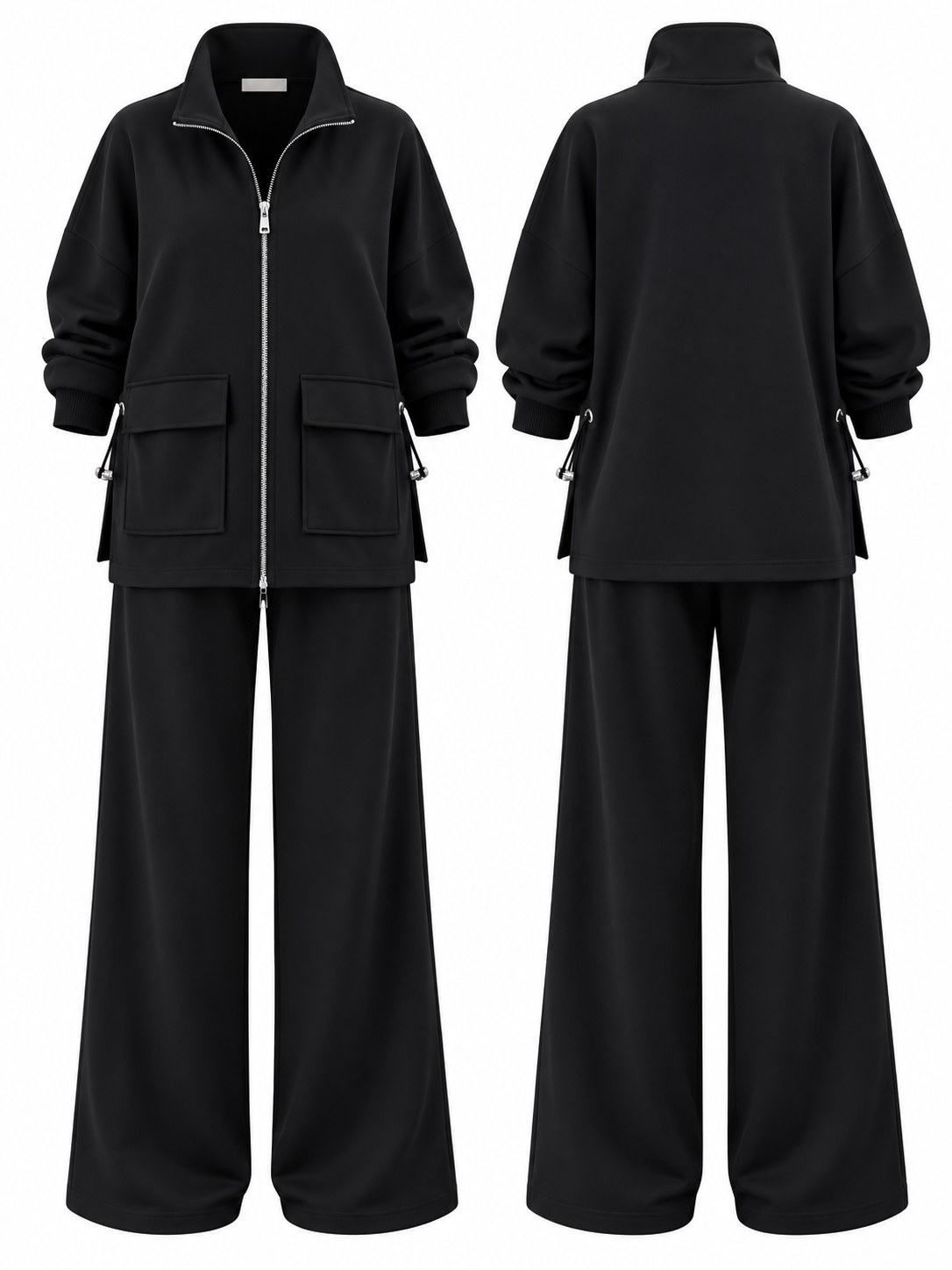Modal fabric Suit with Waist Gathering Detail - black