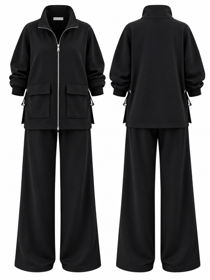 Modal fabric Suit with Waist Gathering Detail - black