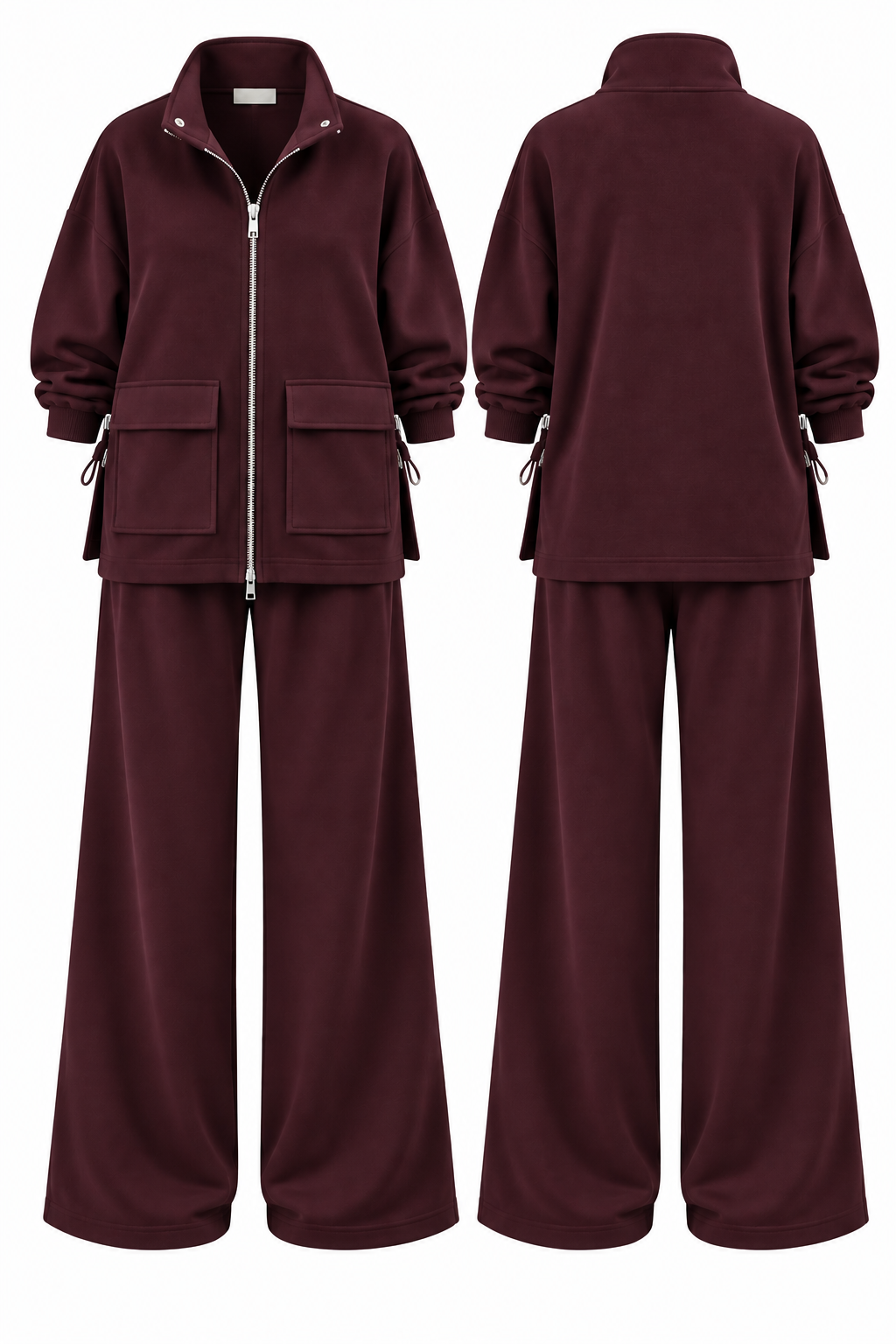 Modal fabric Suit with Waist Gathering Detail - burgundy