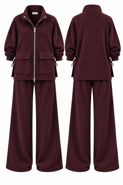 Modal fabric Suit with Waist Gathering Detail - burgundy
