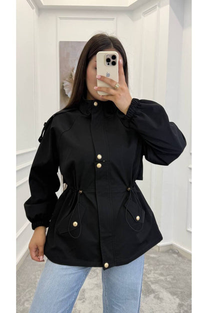 Drawstring gold buttons Waist Utility Jacket - black