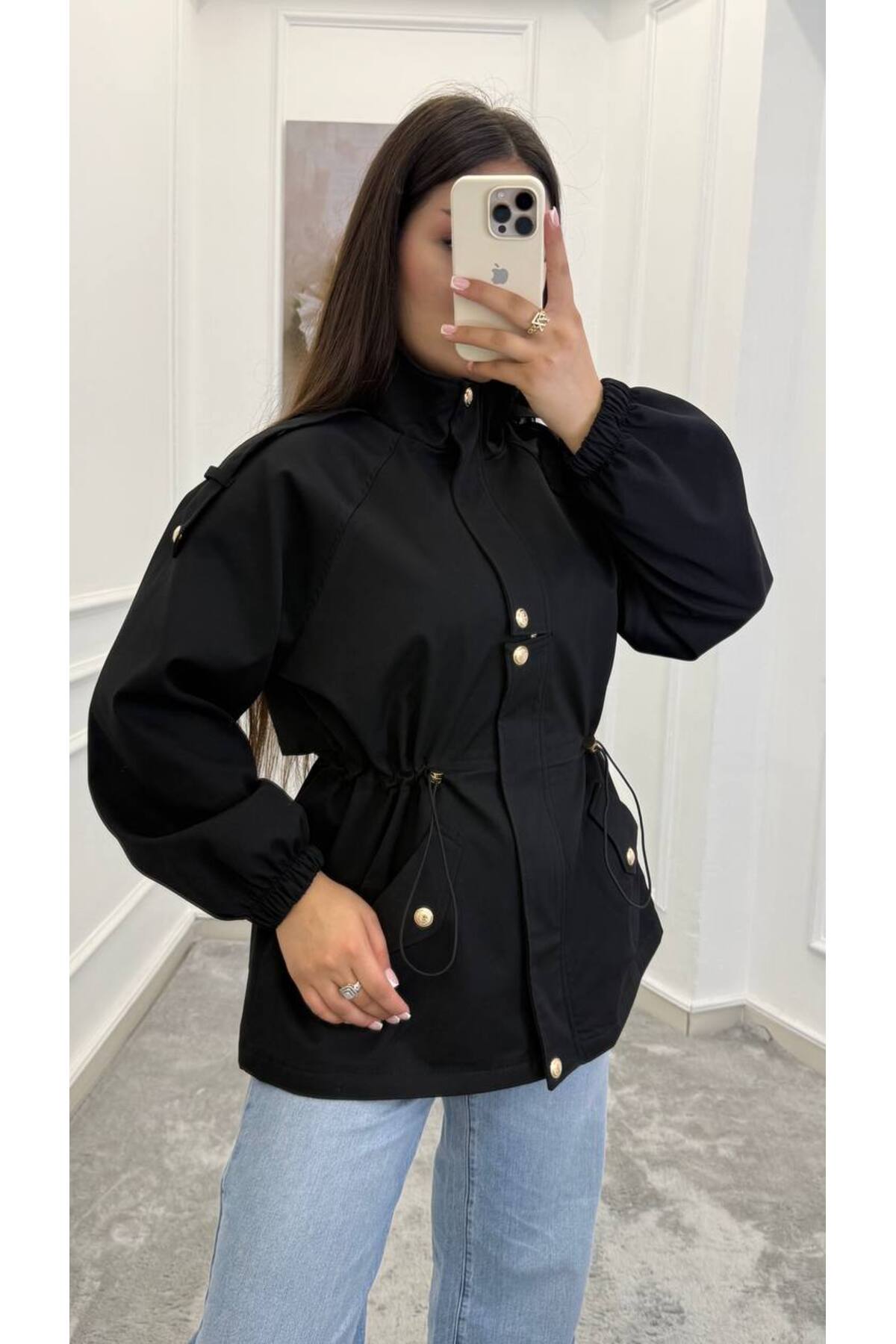 Drawstring gold buttons Waist Utility Jacket - black