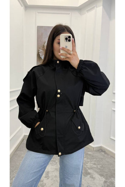Drawstring gold buttons Waist Utility Jacket - black