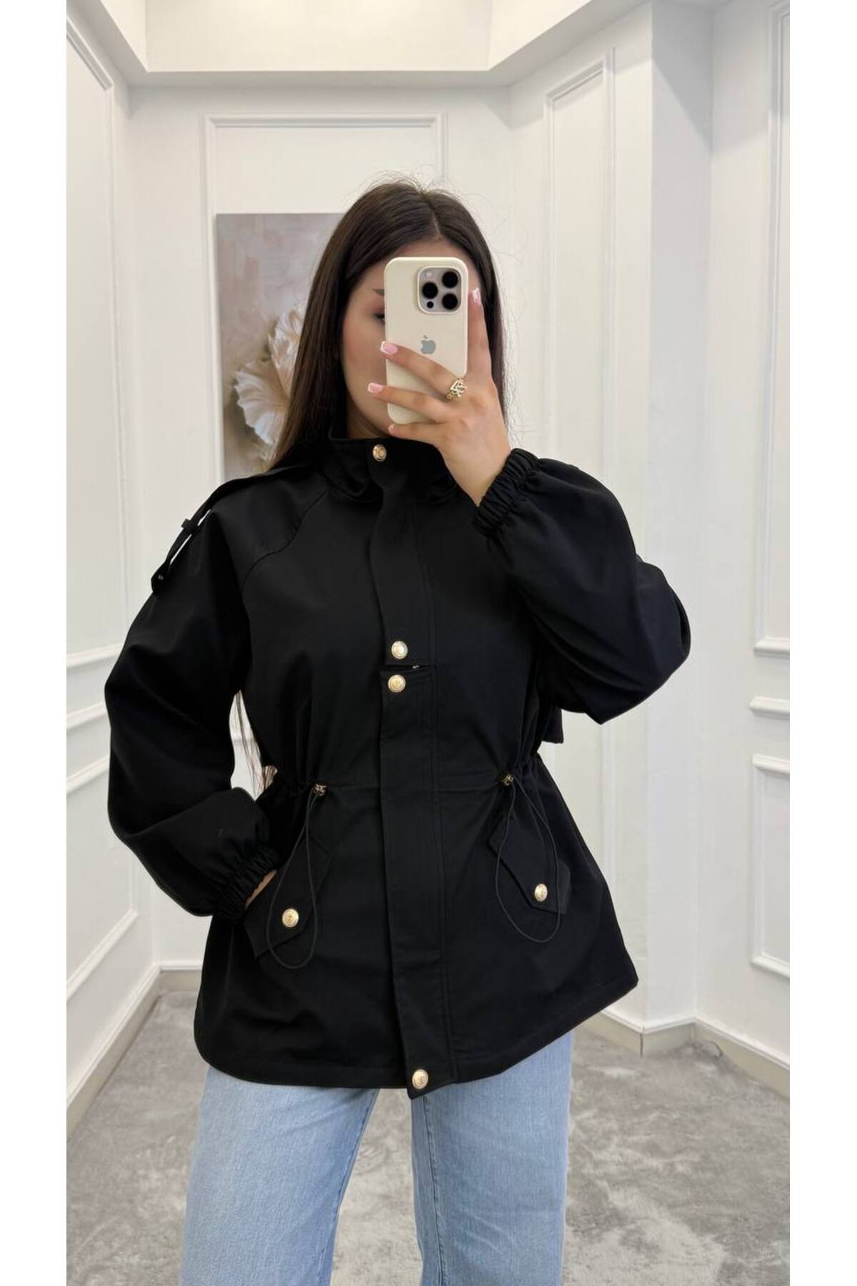 Drawstring gold buttons Waist Utility Jacket - black