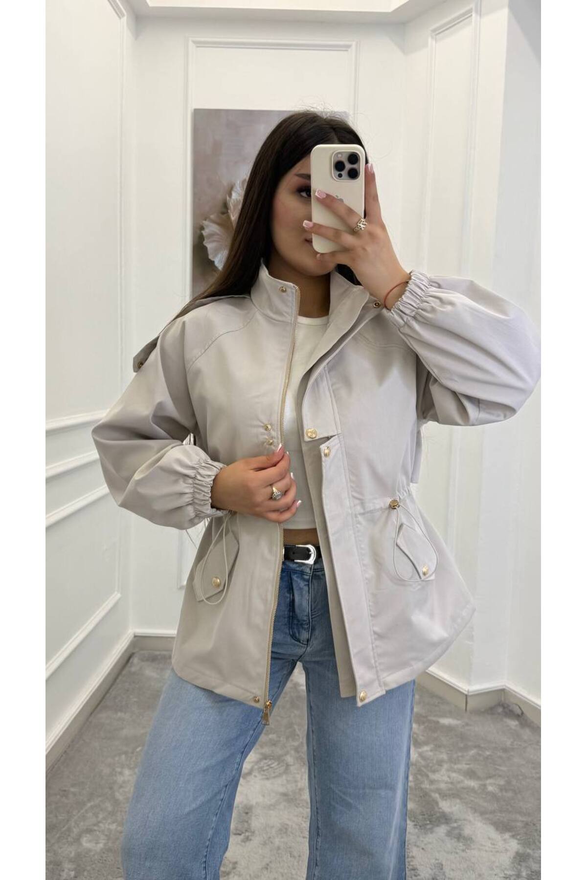 Drawstring gold buttons Waist Utility Jacket - beige