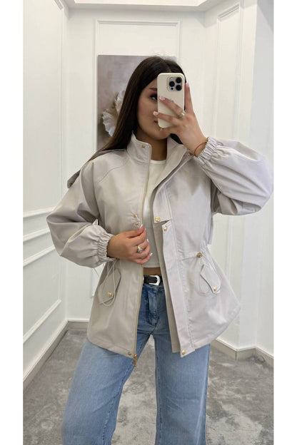Drawstring gold buttons Waist Utility Jacket - beige