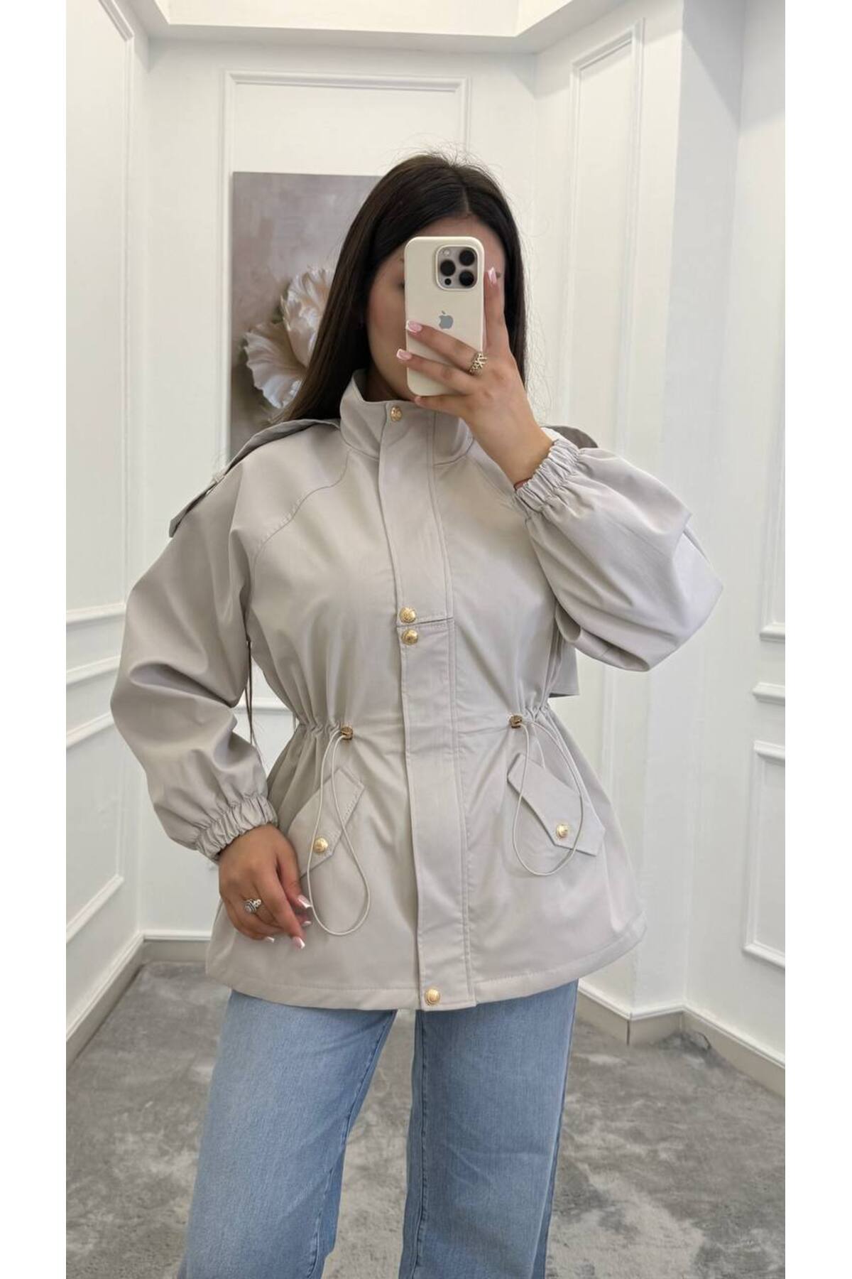 Drawstring gold buttons Waist Utility Jacket - beige
