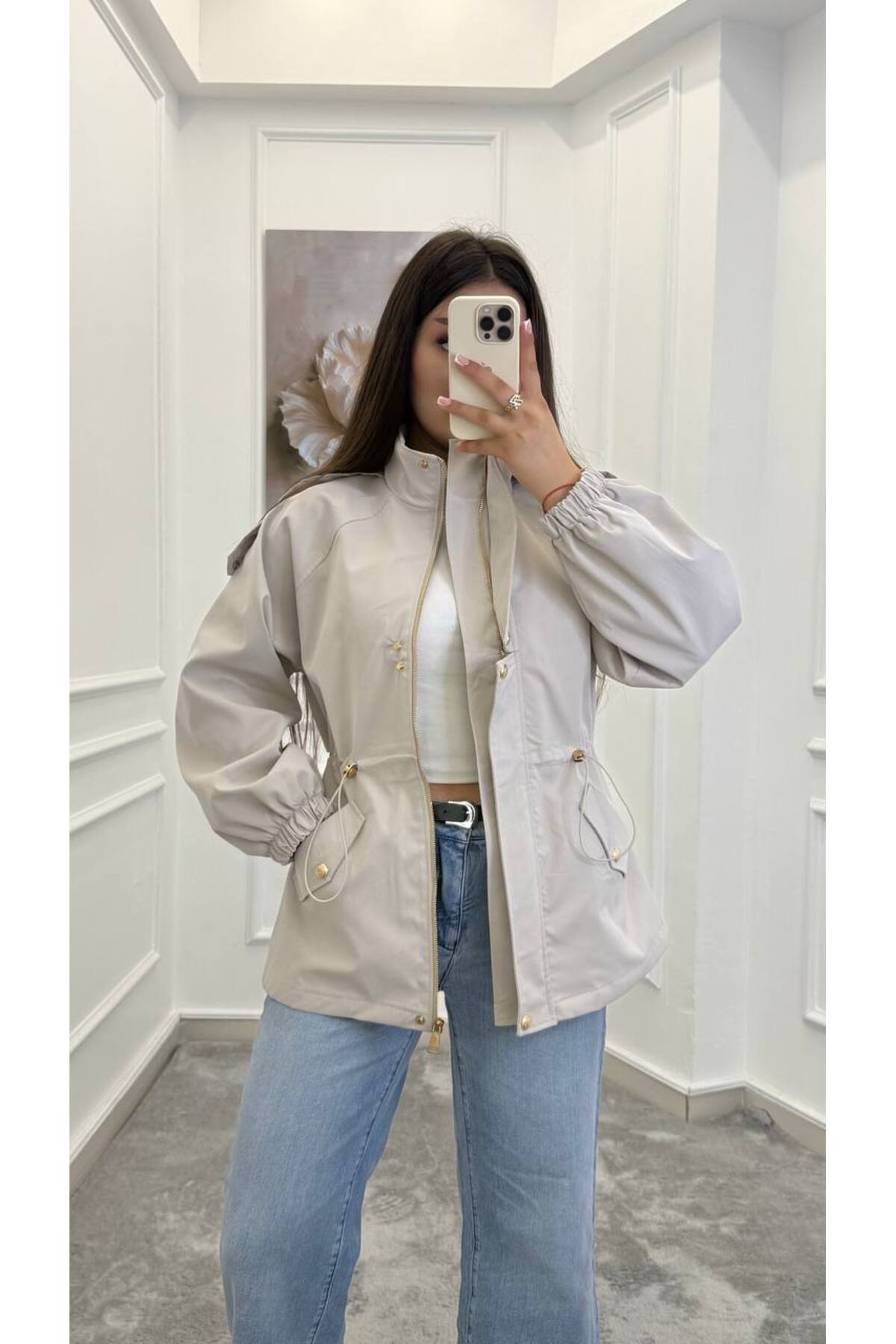 Drawstring gold buttons Waist Utility Jacket - beige
