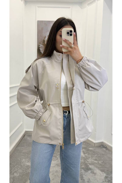 Drawstring gold buttons Waist Utility Jacket - beige