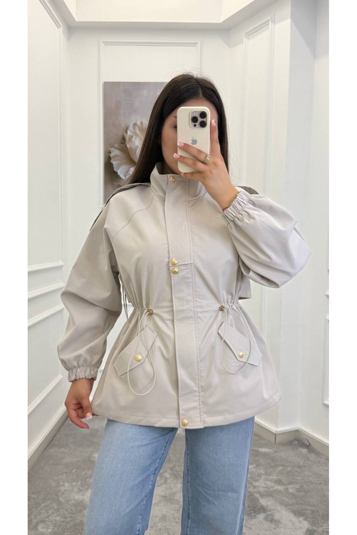Drawstring gold buttons Waist Utility Jacket - beige