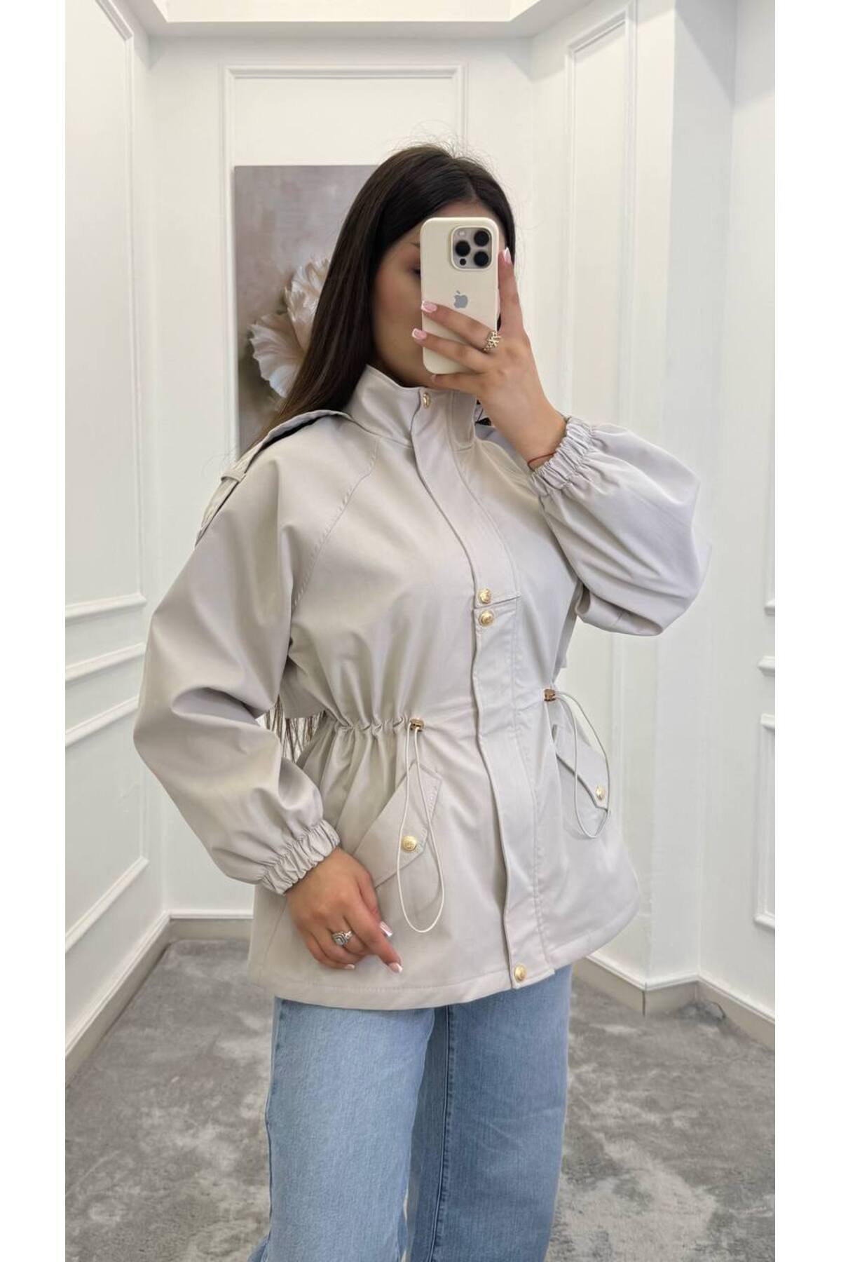 Drawstring gold buttons Waist Utility Jacket - beige
