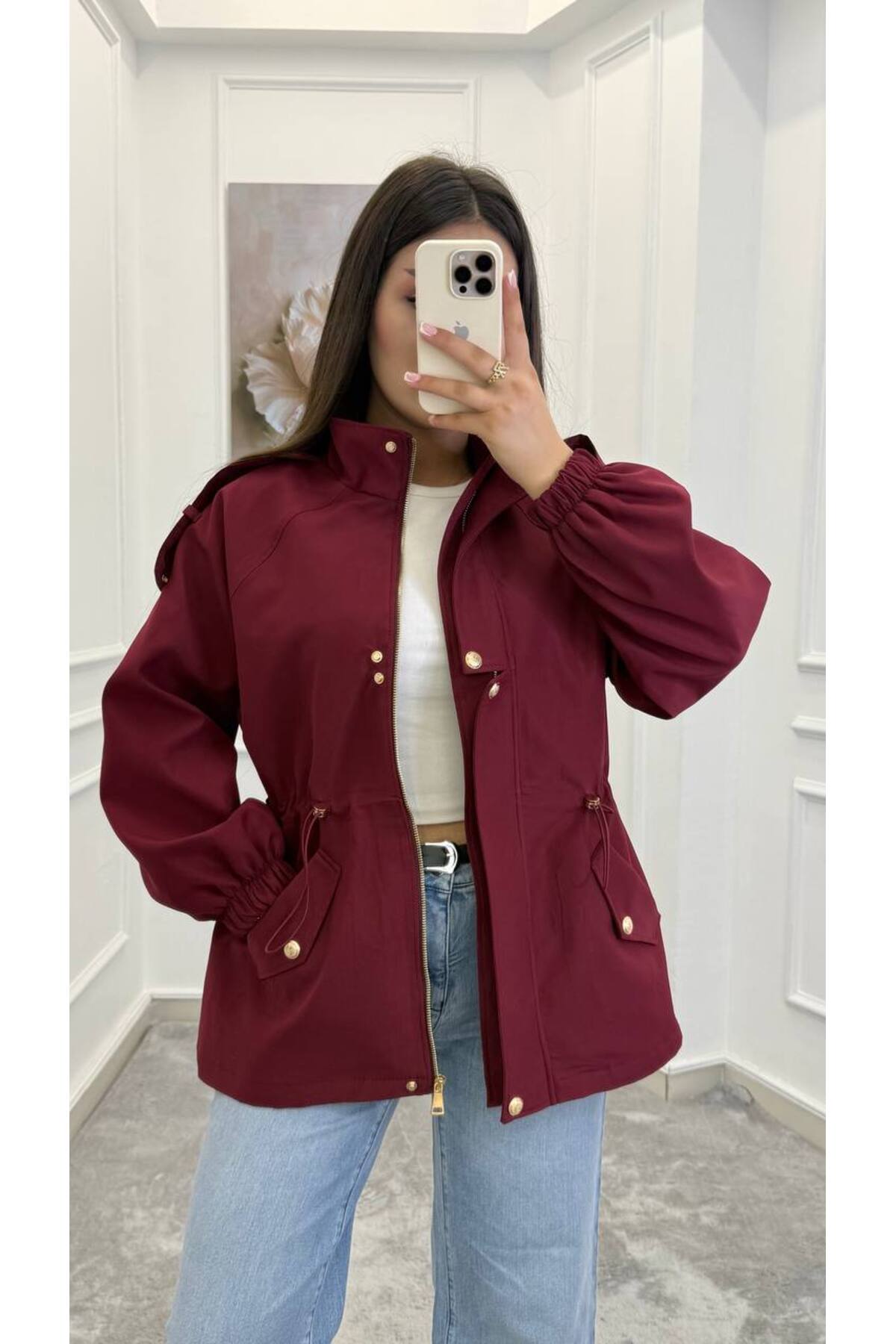 Drawstring gold buttons Waist Utility Jacket - burgundy