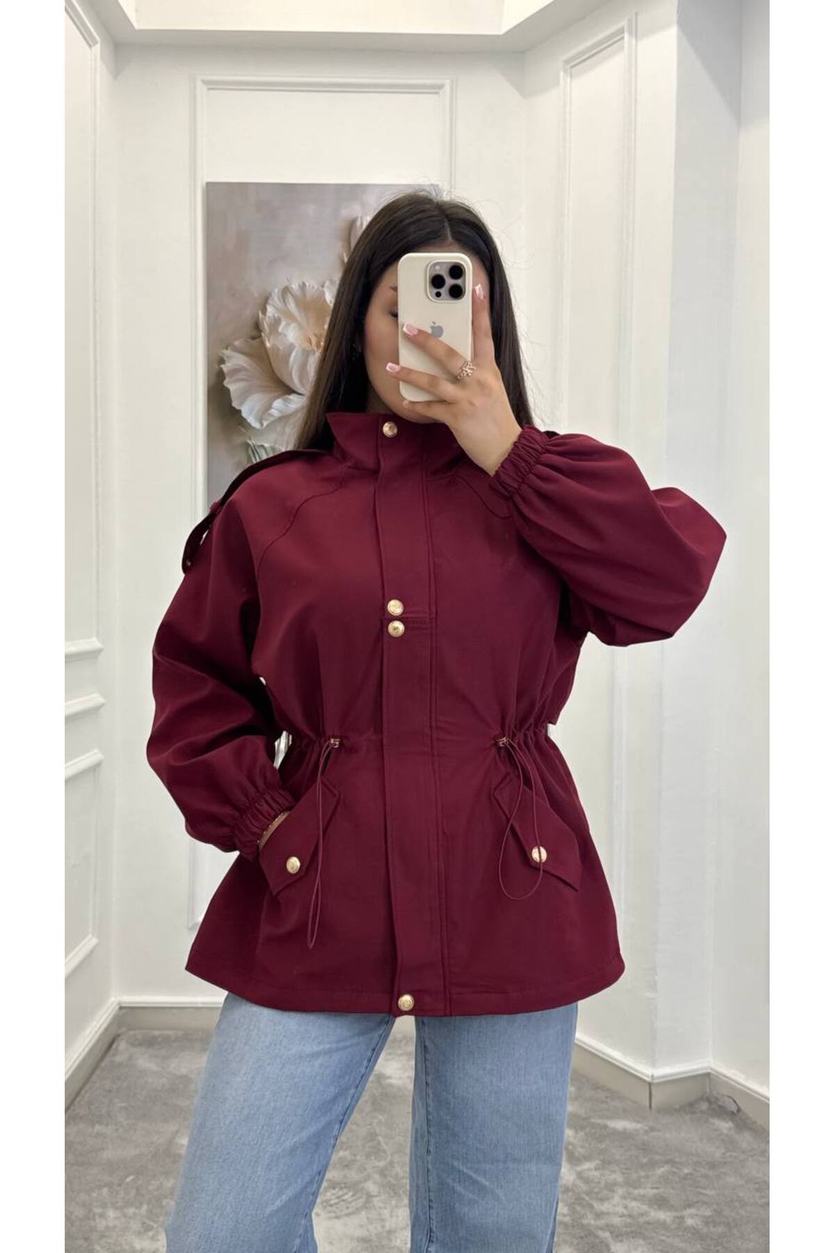 Drawstring gold buttons Waist Utility Jacket - burgundy