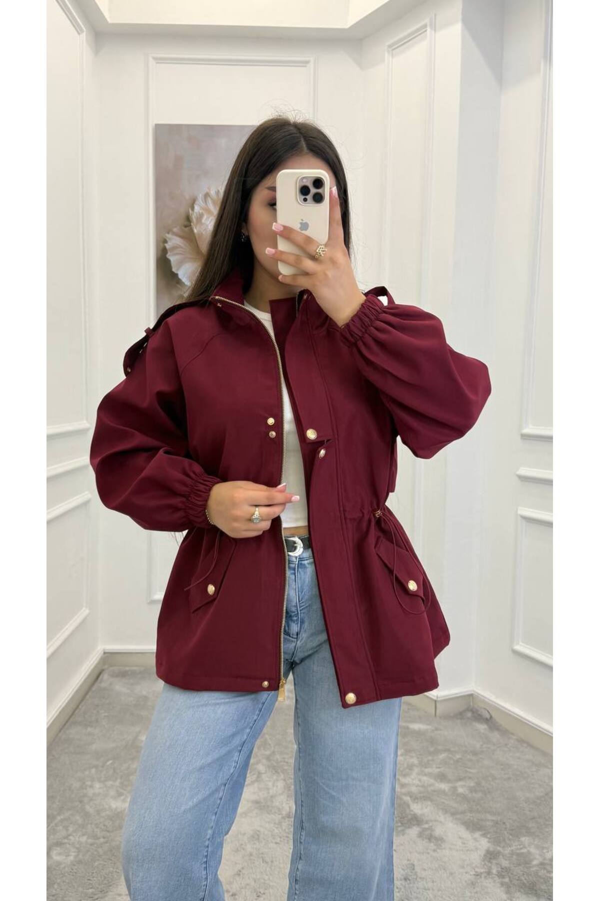 Drawstring gold buttons Waist Utility Jacket - burgundy