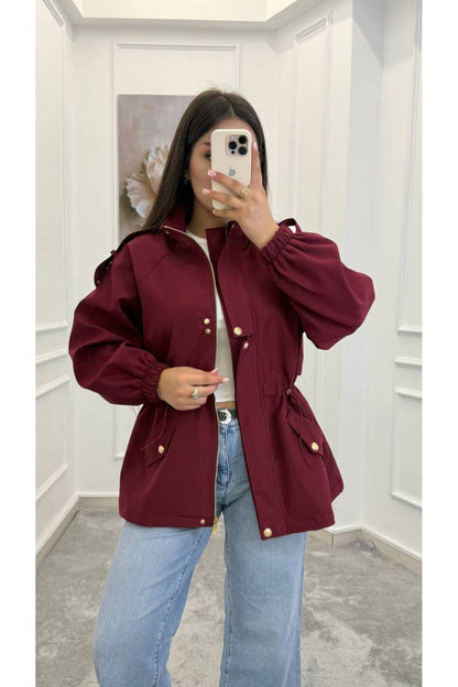 Drawstring gold buttons Waist Utility Jacket - burgundy