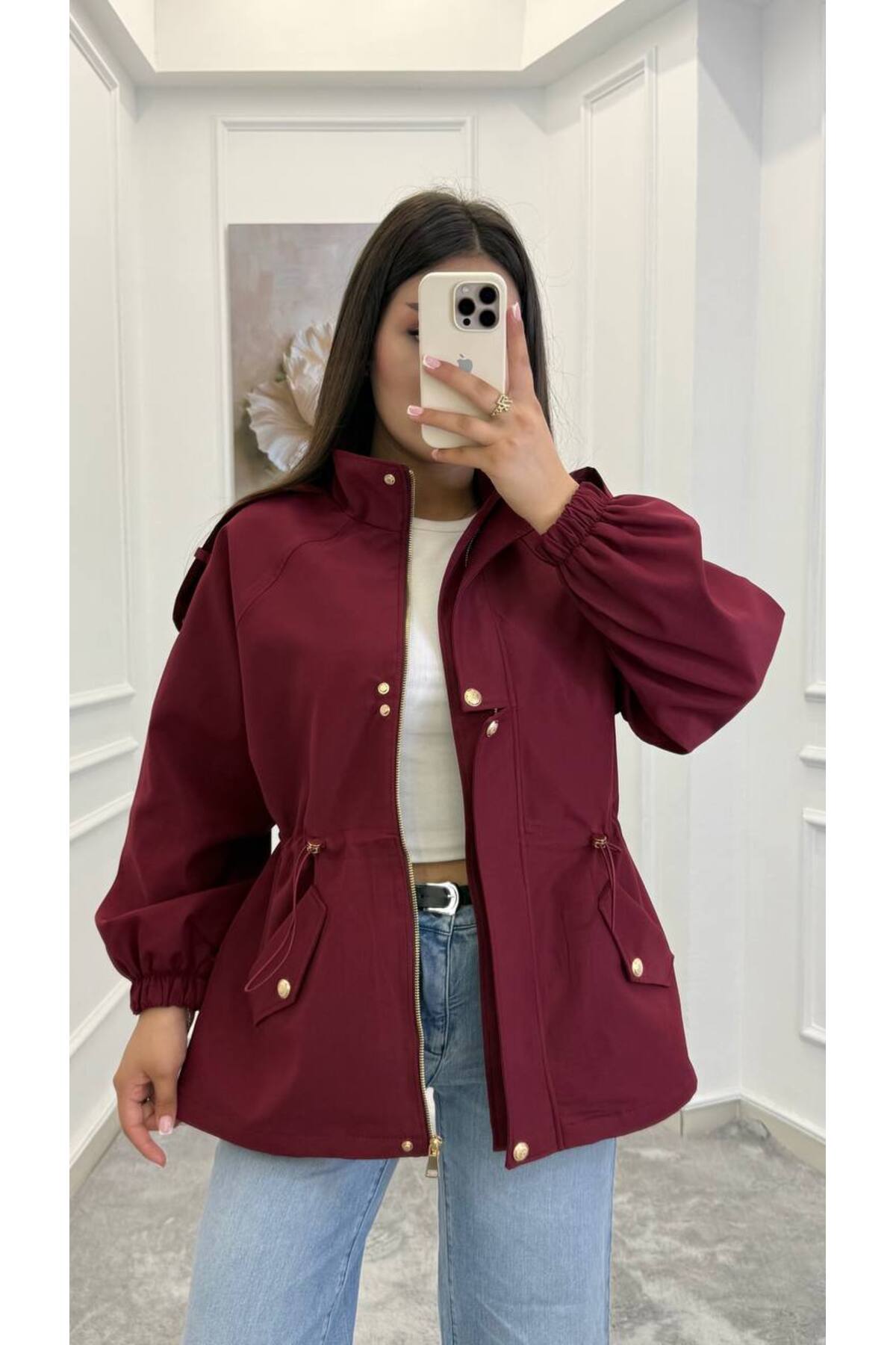 Drawstring gold buttons Waist Utility Jacket - burgundy