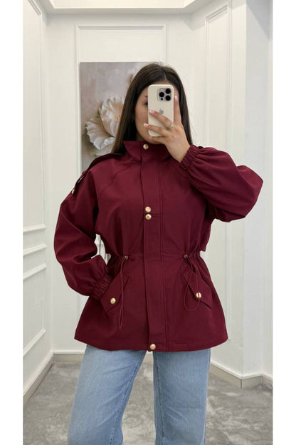 Drawstring gold buttons Waist Utility Jacket - burgundy