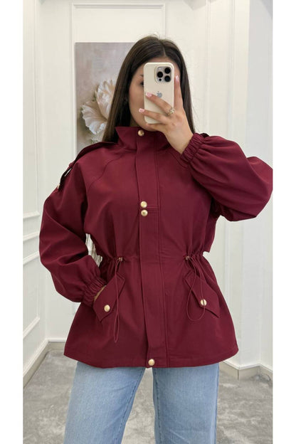 Drawstring gold buttons Waist Utility Jacket - burgundy