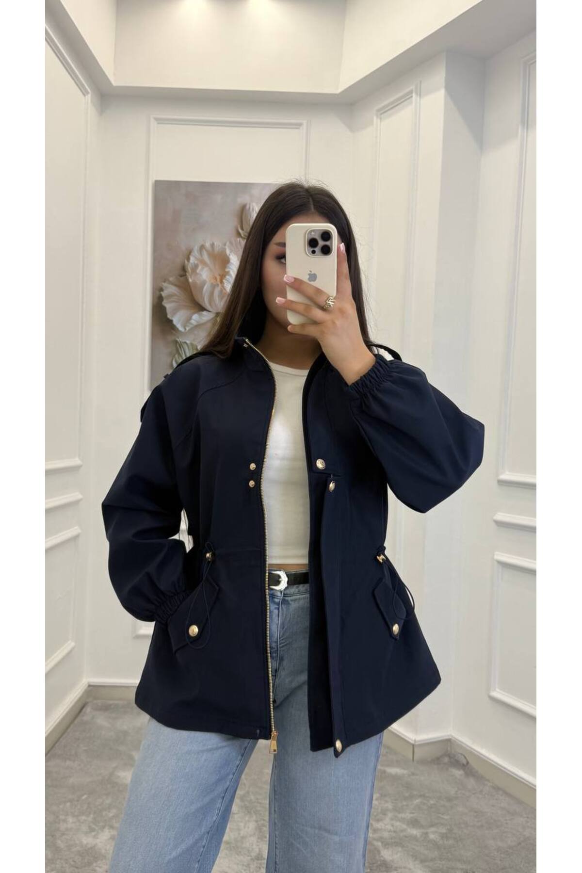 Drawstring gold buttons Waist Utility Jacket - navy blue