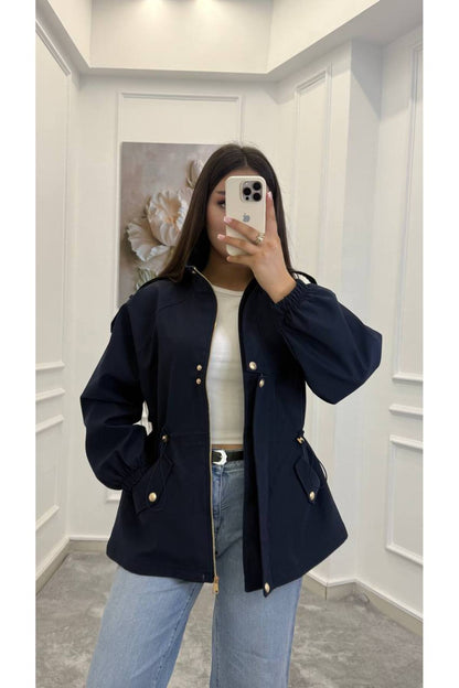 Drawstring gold buttons Waist Utility Jacket - navy blue