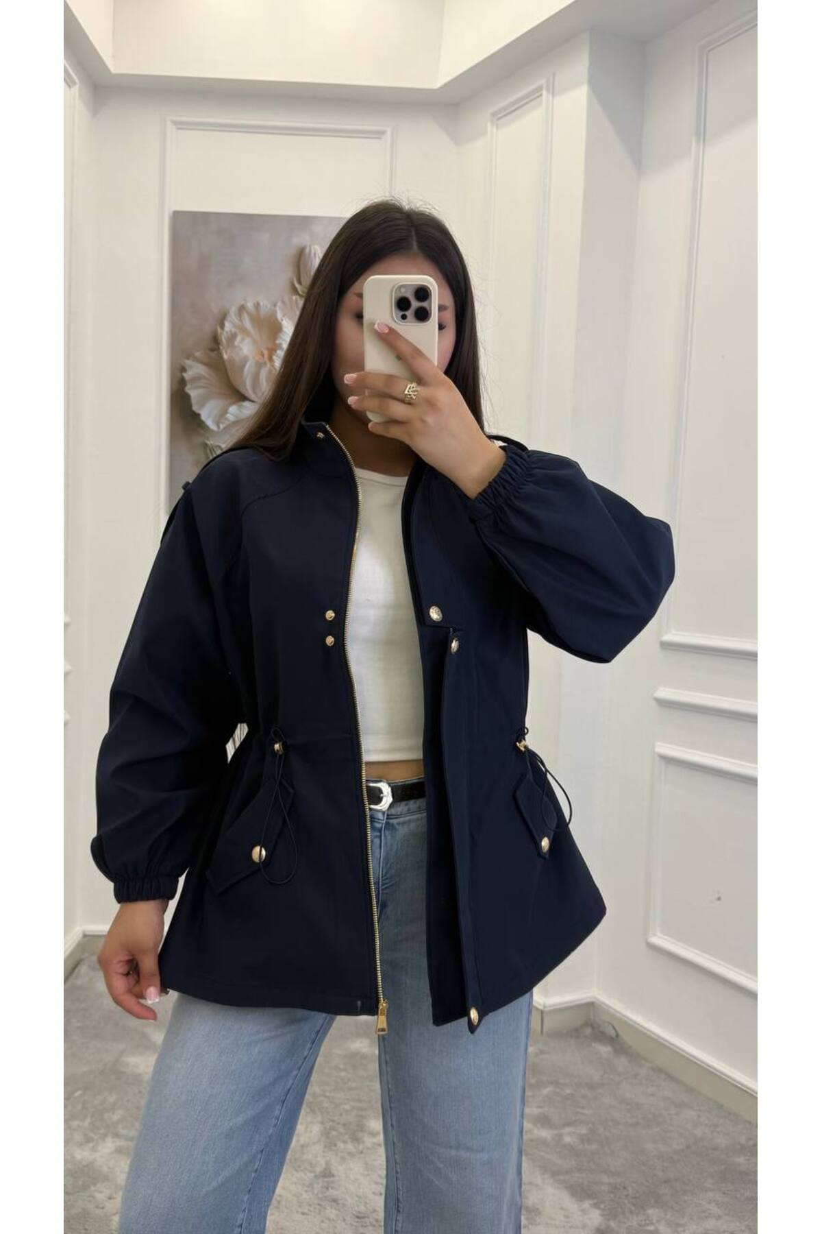Drawstring gold buttons Waist Utility Jacket - navy blue