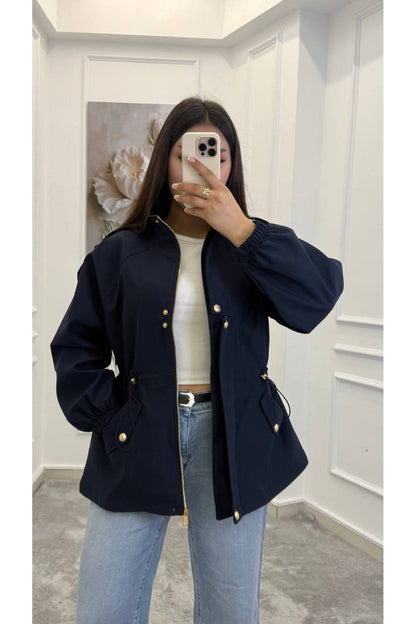 Drawstring gold buttons Waist Utility Jacket - navy blue