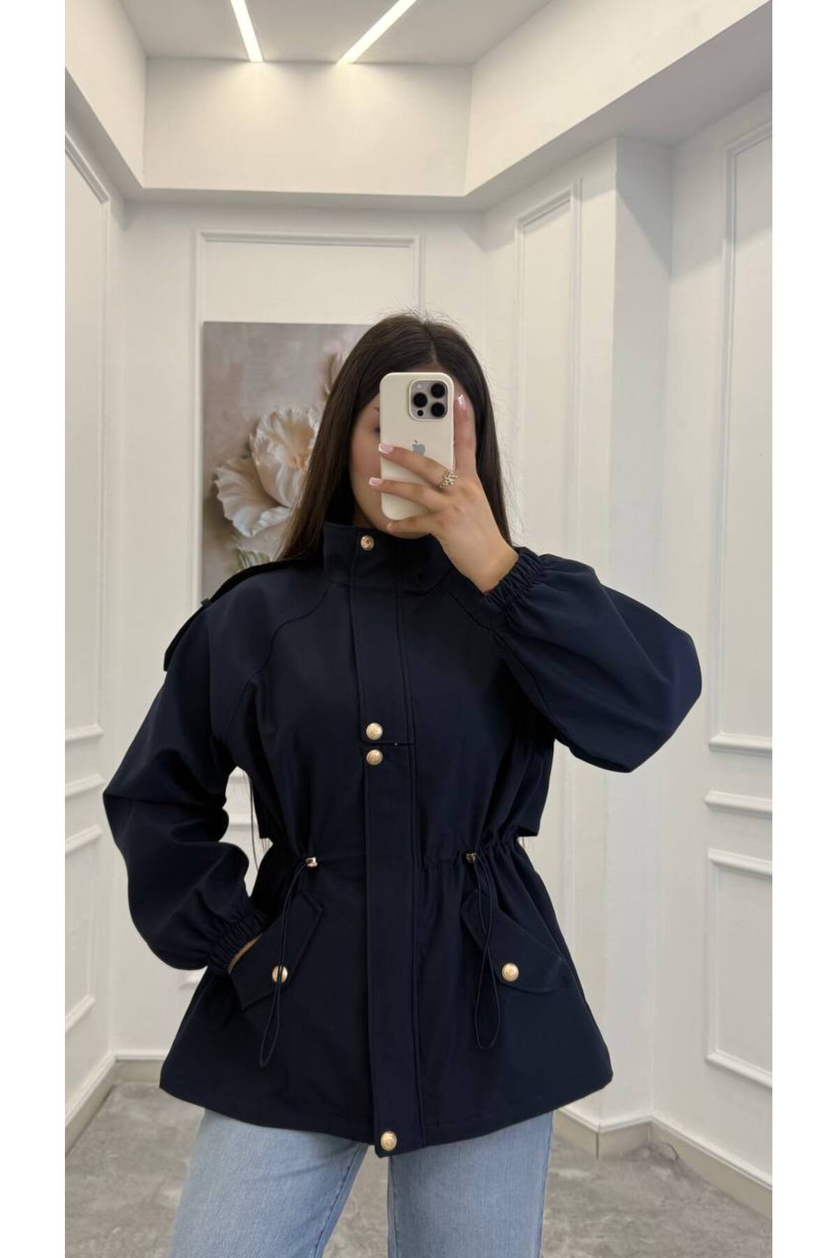 Drawstring gold buttons Waist Utility Jacket - navy blue