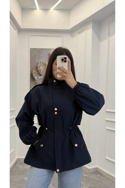 Drawstring gold buttons Waist Utility Jacket - navy blue