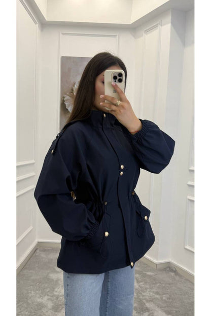 Drawstring gold buttons Waist Utility Jacket - navy blue