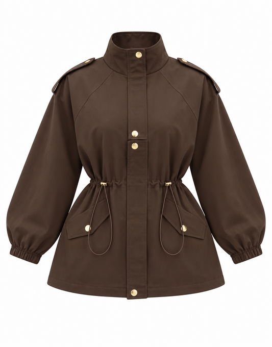 Drawstring gold buttons Waist Utility Jacket - brown