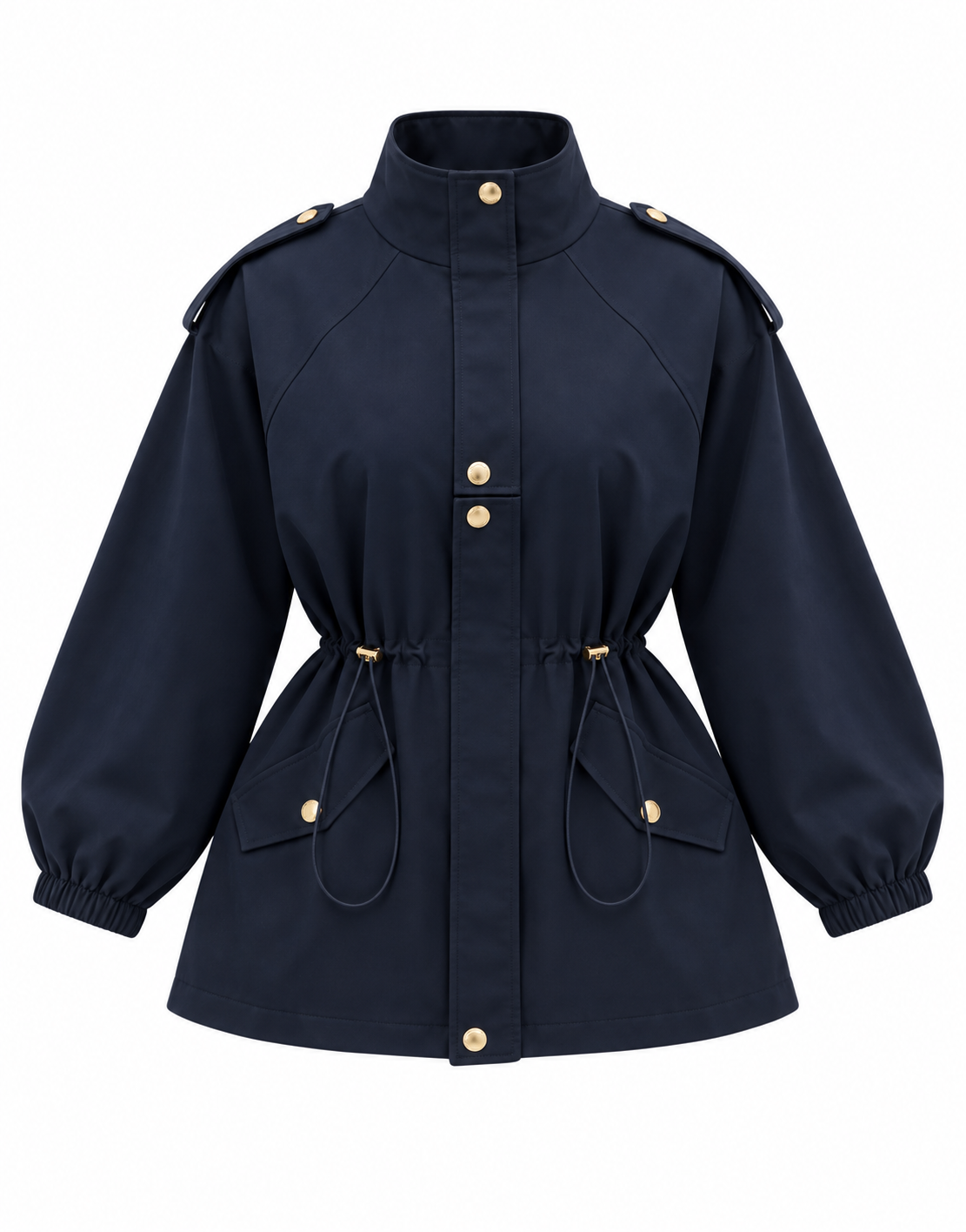 Drawstring gold buttons Waist Utility Jacket - navy blue