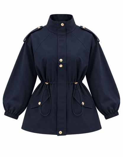 Drawstring gold buttons Waist Utility Jacket - navy blue