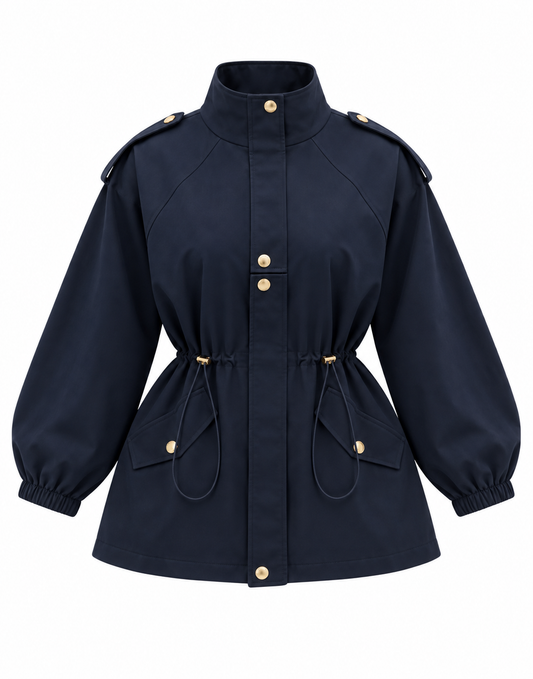 Drawstring gold buttons Waist Utility Jacket - navy blue