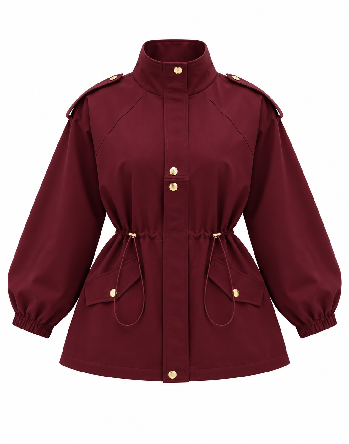 Drawstring gold buttons Waist Utility Jacket - burgundy